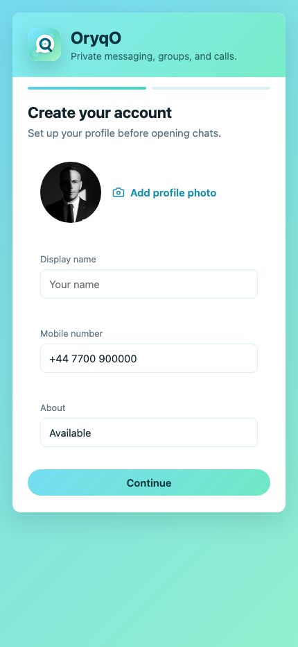 OryqO Chat signup screen
